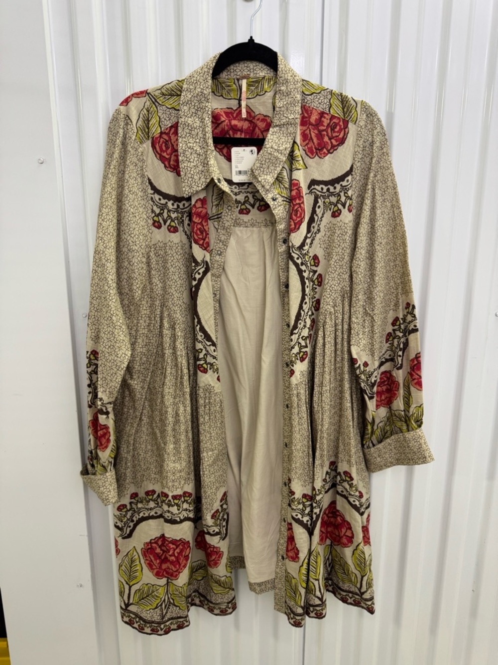NWT: Free People Boho Floral Printed Button-Front Tunic - Red & Olive on Cream